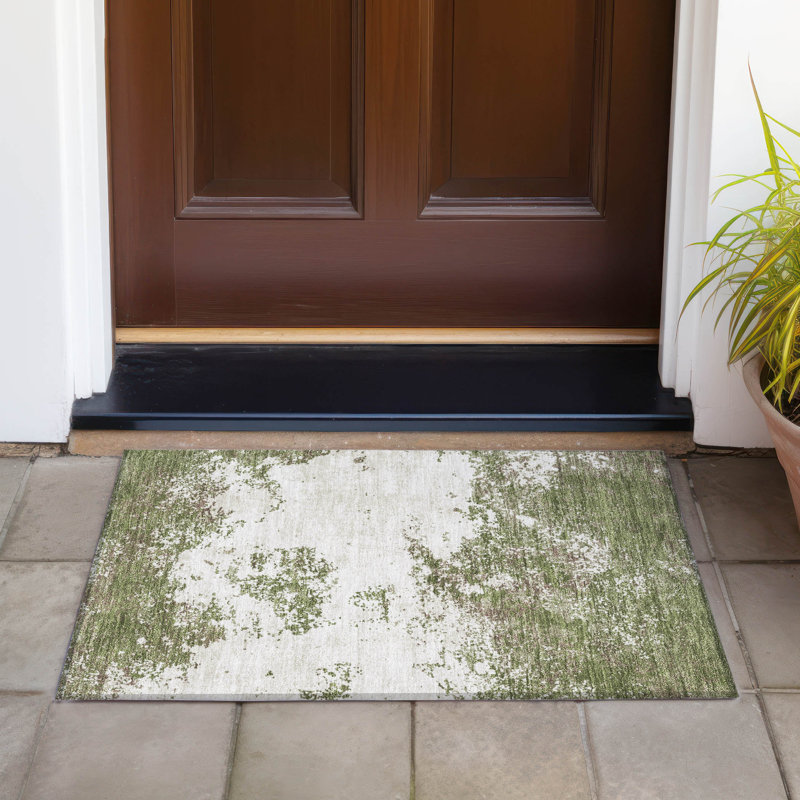 Olive and Off-White Rectangular Washable Synthetic Rug