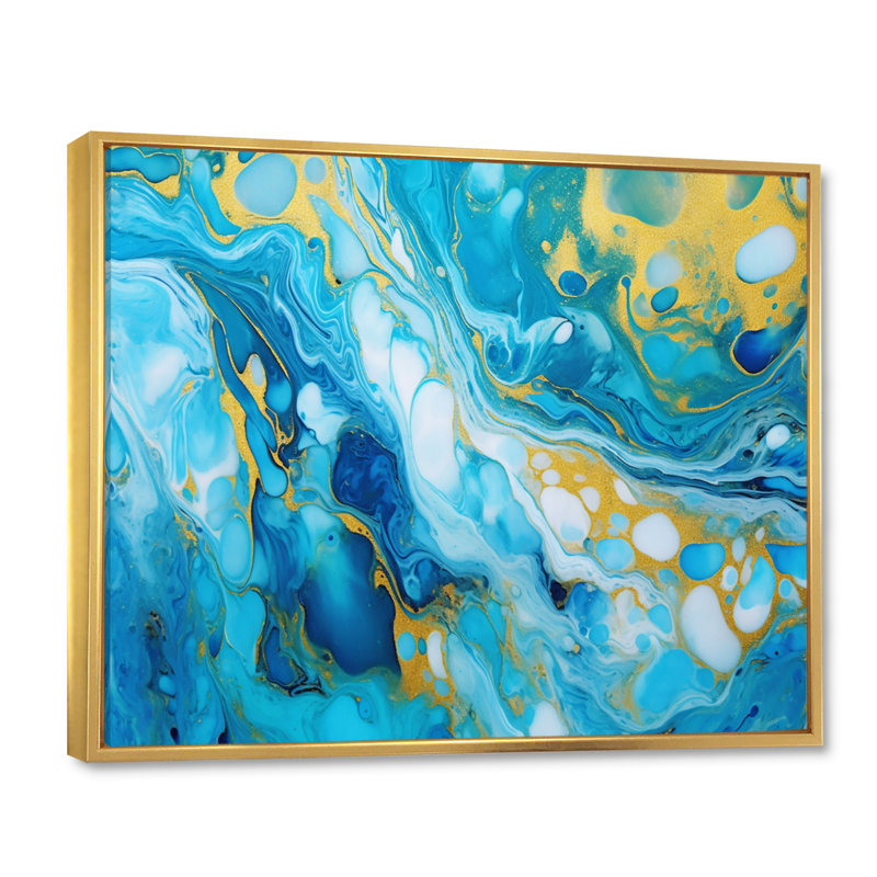 «Turquoise Luxury Abstract Fluid Art X», reproduction d'art sur toile, H 16 po x l 32 po x P 1 po, Cadre flottant doré