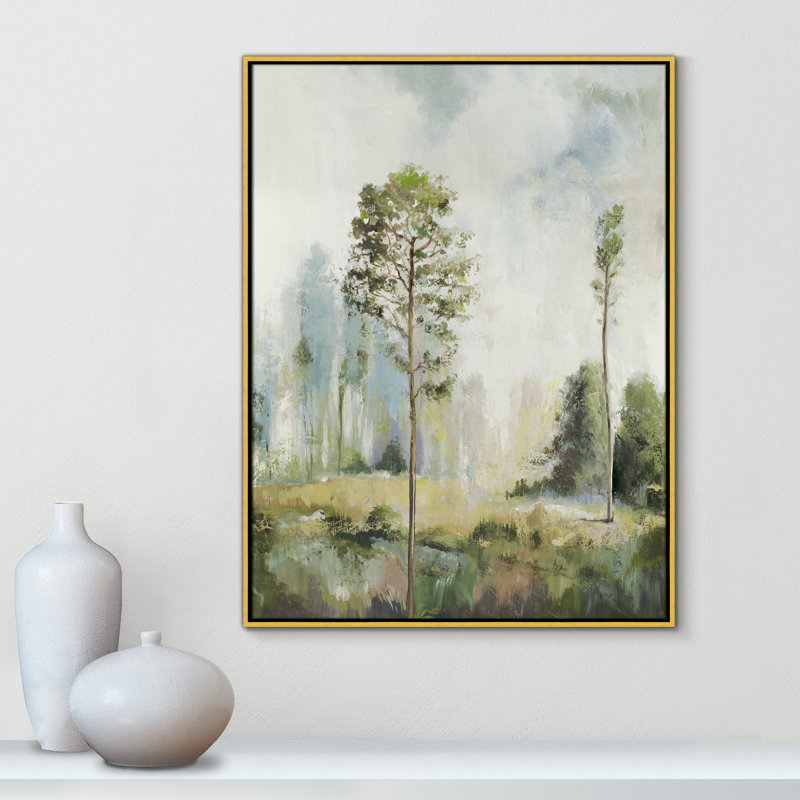 Teton Tall Green Trees I by Teton Pearce - Floater Frame Print on Canvas, 41.5" H x 31.5" W, Gold