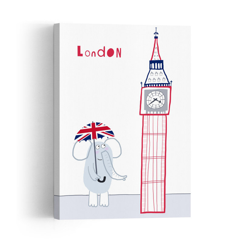 Cute Elephant London Travel Whimsical Abstract Contemporary Elephant City Architecture Wall Art Print by Carla Daly - Wrapped Canvas Print