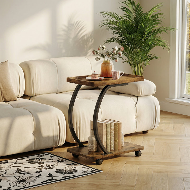 C-Shaped End Table with Rolling Wheels, Industrial Side Table with Sturdy Metal Frame for Small Spaces, Living Room & Bedroom