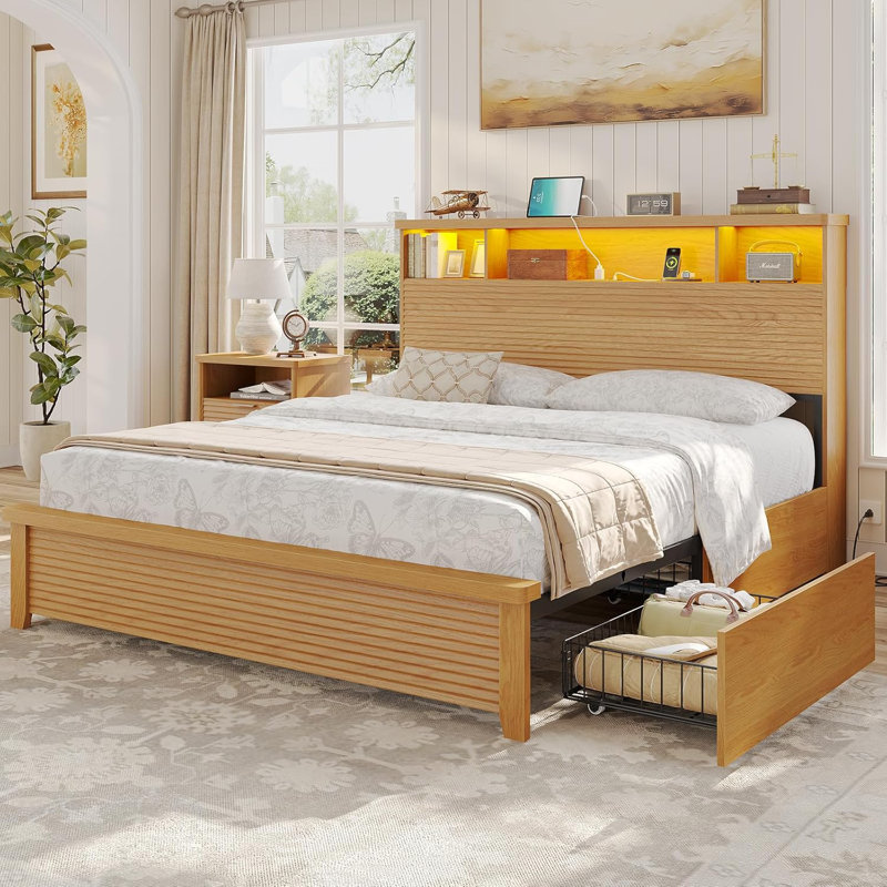 Fluted Design Bed with Bookcase and Drawers, Black/Brown, Full