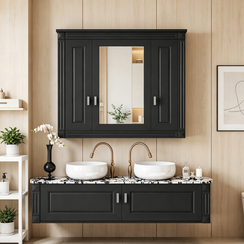 Armoire murale avec miroir et tablettes, Black