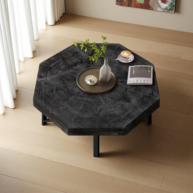 Table basse en bois octogonale rétro avec patchwork artisanal 30 pouces, Noir antique