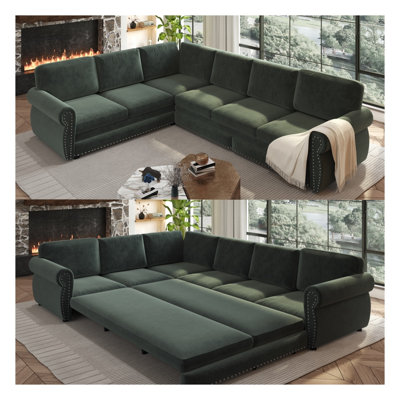 Canapé-lit convertible en forme de L de 3 m (118 po) avec lit gigogne, revêtement en chenille, accoudoirs arrondis et garniture cloutée pour salon, vert