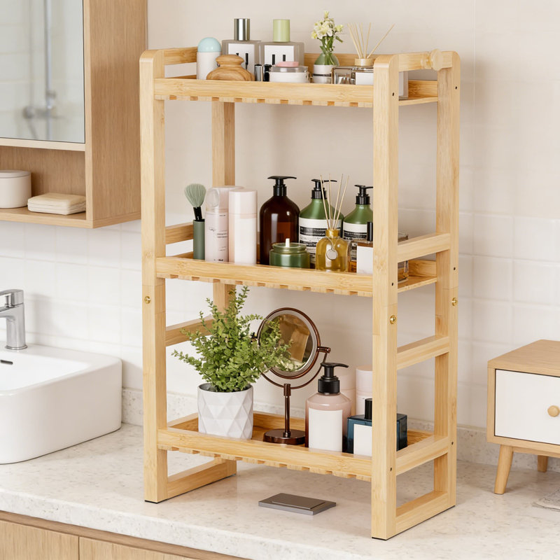 Étagère de rangement au-dessus de la toilette à 3 niveaux, organisateur de salle de bain en bambou avec une conception stable 2-en-1, support de rangement peu encombrant pour les petites salles de bain, sans perçage requis