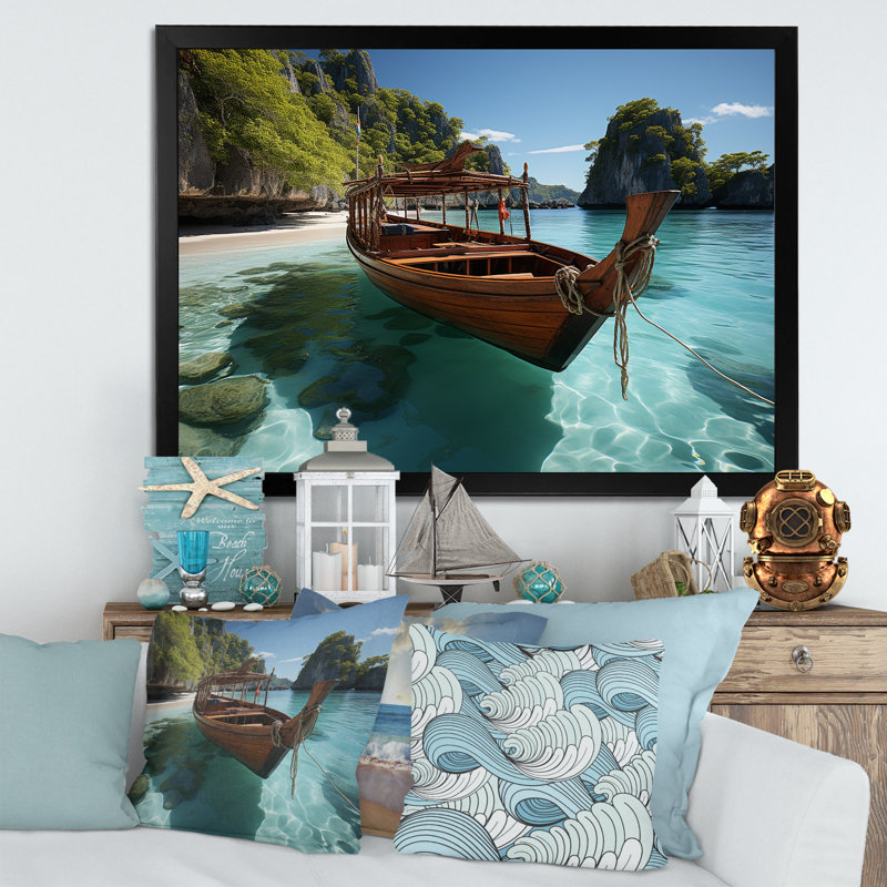 «Coastal Cradle Tranquil Waters» - art mural plage, Cadre flottant noir, H 24 po x l 32 po x P 1 po