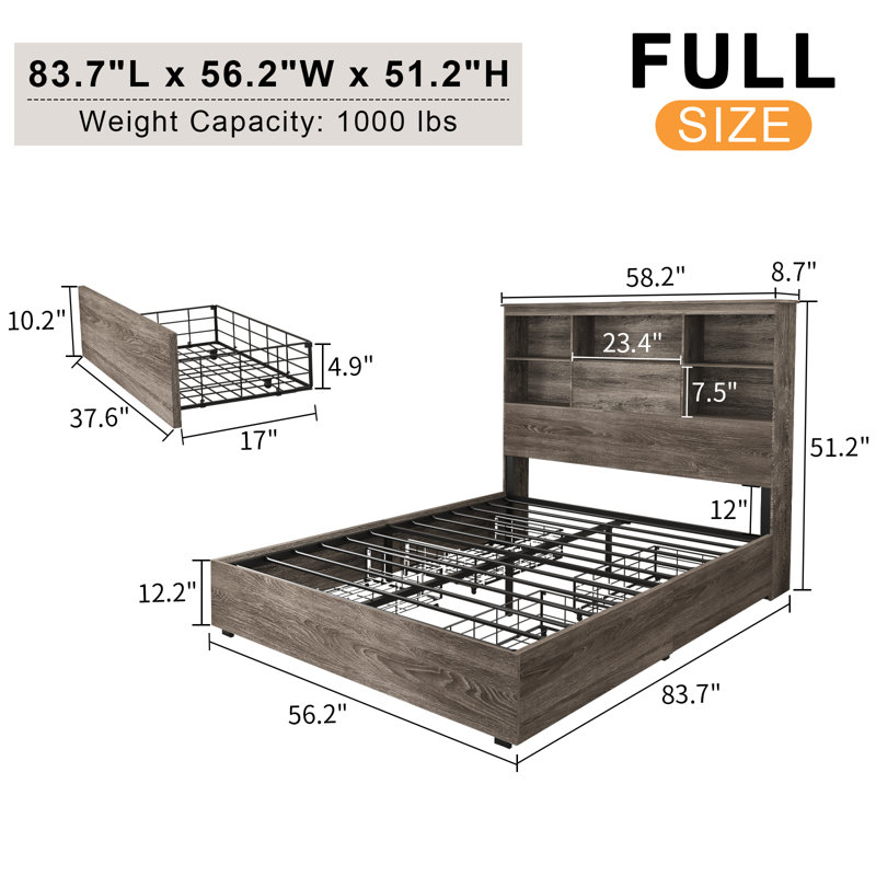 Wooden Storage Bed Frame With Led Bookcase Headboard, Rustic Gray, Full / Double