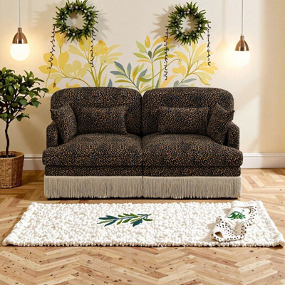 Canapé Cozy Chenille à imprimé léopard avec bordure à pampilles - Canapé modulaire moderne pour le salon, brun noir
