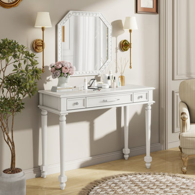 Élégante coiffeuse avec miroir octogonal et 3 tiroirs pour la chambre à coucher, la salle de bain ou le vestibule, plateau de table lisse, grand plateau de maquillage rétro compact, - console de tiroir avec revêtement brillant