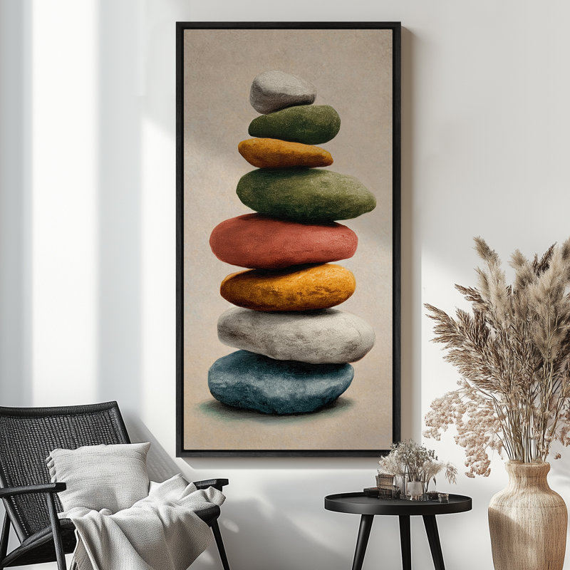 Stacked Stones Zen Art Extra Large Pictures Framed Canvas Print Wall Art, Black, 60" H x 30" W