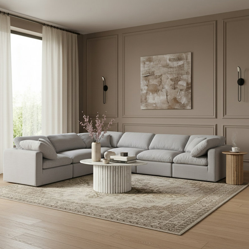 Canapé modulaire de coin rembourré 6 pièces Itala, Tissu gris texturé en lin