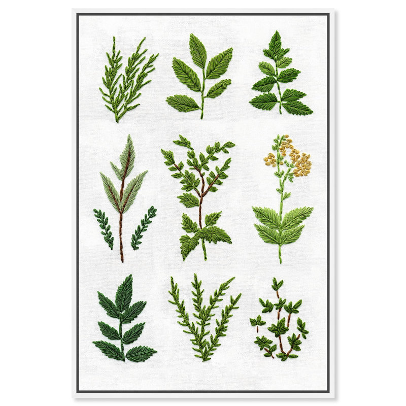 «Needlepoint Nature I», impressions florales sur toile par , H 46 po x l 31 po, Cadre blanc