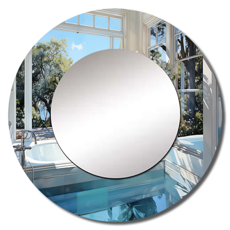 Bathroom Tranquil Reflections III - Bathroom Unique Wall Mirror, Traditional Round Mirror, Printed Metal Art, 29" x 29"