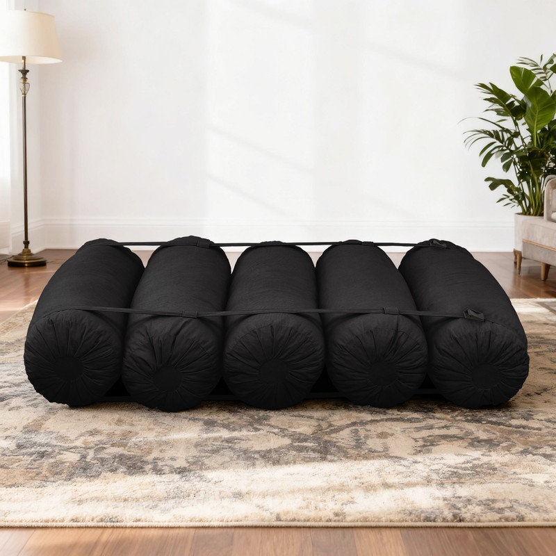 Canapé modulaire ajustable avec 5 coussins cylindriques et méridienne convertible en velours côtelé, Velours côtelé noir