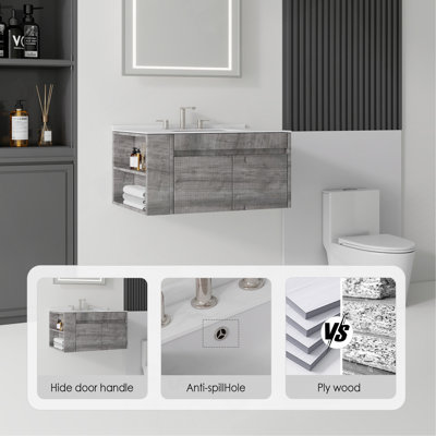 Meuble-lavabo suspendu de 91 cm avec lavabo, porte à fermeture amortie, comptoir et dosseret en marbre synthétique blanc de Carrare de 1,5 cm d'épaisseur, contreplaqué