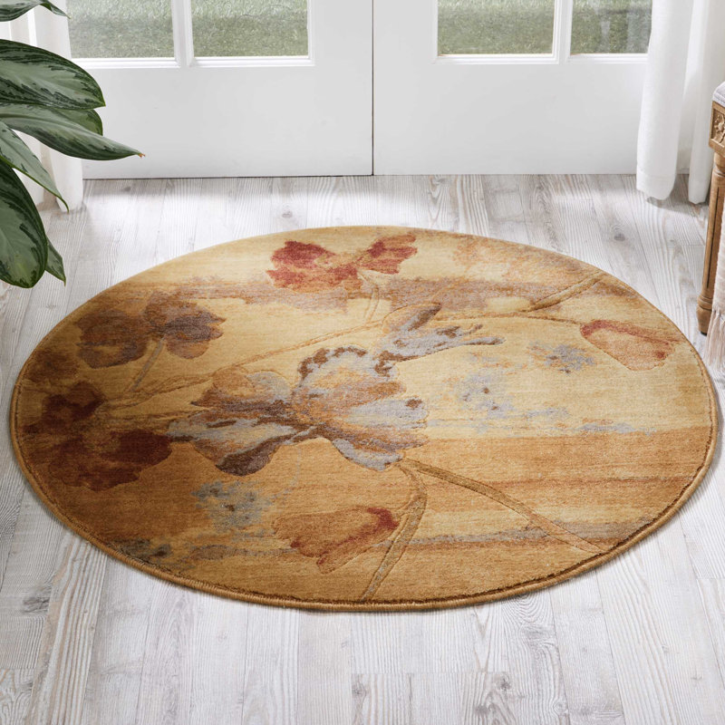 Tapis beige à motif floral Arnim, Rond 3 pi 6 po