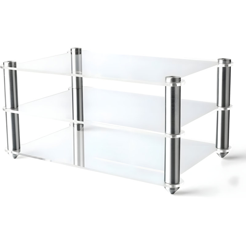 Étagère de bureau compacte en acrylique transparent à 2 niveaux avec supports en aluminium pour amplificateur Hi-Fi, DAC et ampli casque ; design peu encombrant