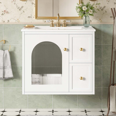 Ensemble de meuble-lavabo mural 24 po pour petit espace, armoire de salle de bain avec lavabo en céramique, 2 tiroirs et 1 porte à fermeture en douceur