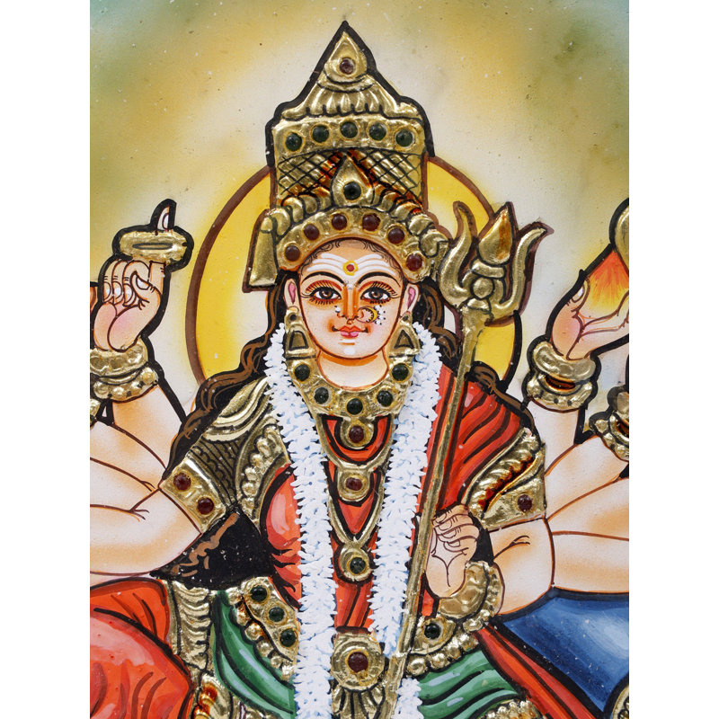 Peinture à dix bras de la déesse Durga encadrée par Tanjore | Or 24 carats