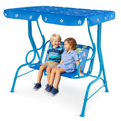 2-seater Toddler Porch Swing Chair With Metal Stand Adjustable Canopy Safety Belts Blue
