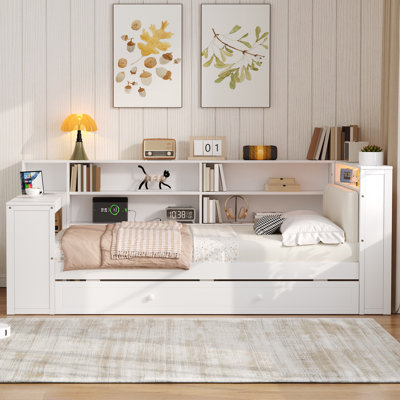 Daybed With Shelves, Trundle, Charging Station, Led, Desk And Upholstered Headboard