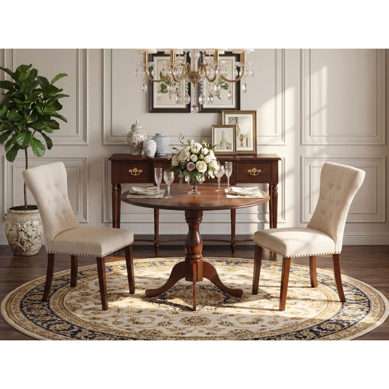 L'ensemble de salle à manger 3 pièces contient une table de salle à manger ronde avec Dropleaf et 2 chaises rembourrées en tissu de lin beige clair, 42 x 42 pouces, acajou