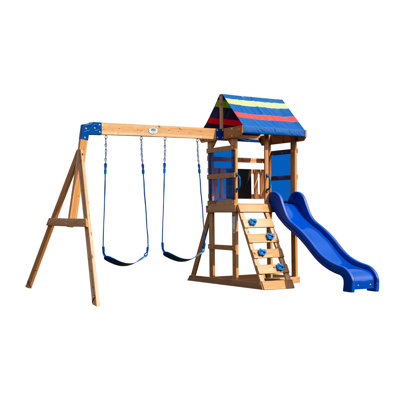 Backyard Discovery Bay Pointe Cedar Wood Swing Set with Wave Slide, Play Deck, Rock Wall Ladder, and Chalkboard
