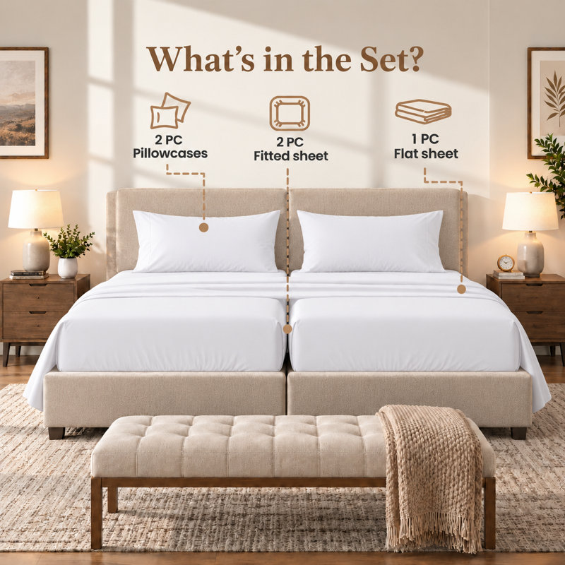 100% Cotton 800 Thread Count Split King Size 5-Piece Sheet Set, White, Split King, White