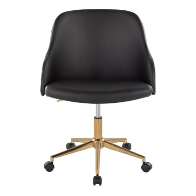 Chaise de bureau en métal doré, bois de noyer et similicuir noir
