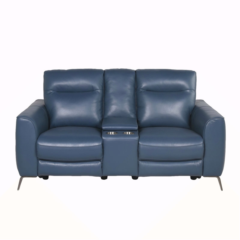 Causeuse à console haute - cuir fleur, double puissance, bleu océan - repose-pieds escamotable, pieds chromés évasés, aspect meuble Motion