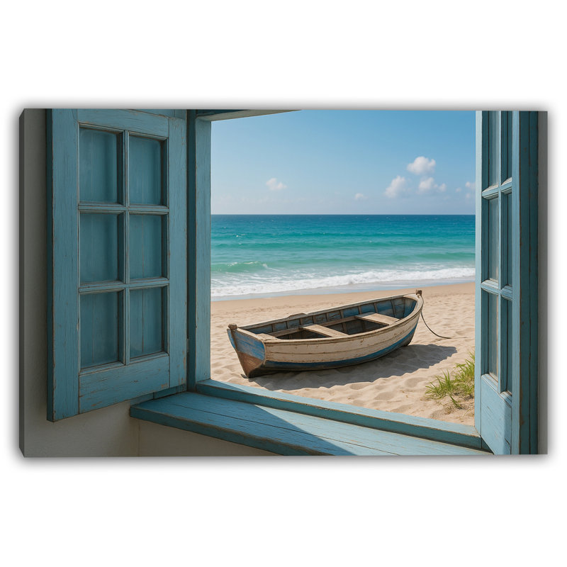 Seaside Serenity - Boat View Through Rustic Window, 32" H x 48" W