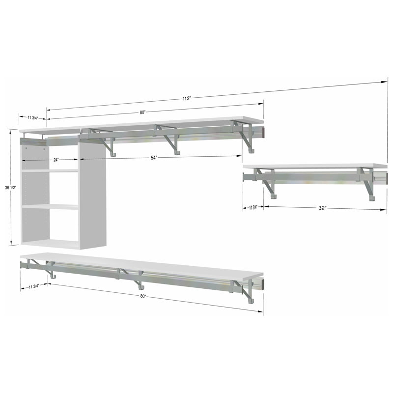 Système de garde-robe 3 pièces: suspension double avec casier et suspension de 32 po, H 36,5 po x l 112 po x P 12,25 po