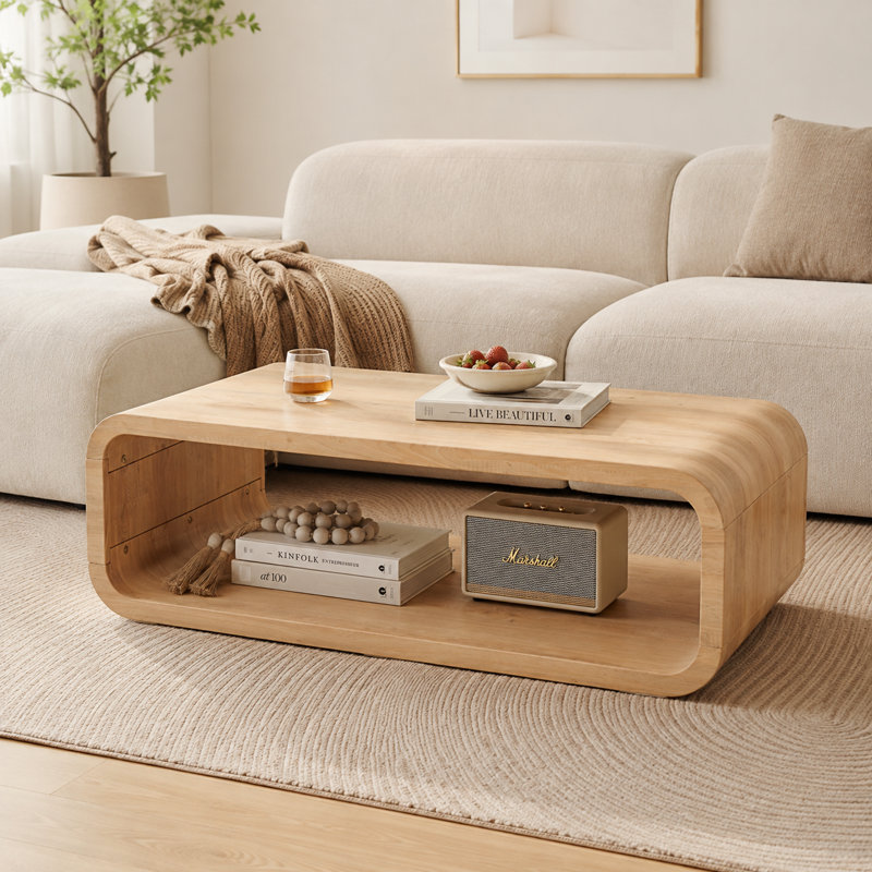 Rounded Rectangular Solid Wood Coffee Table with Lower Open Shelf, Modern Low-Profile Center Table with Curved Waterfall Frame, Light Natural Wood