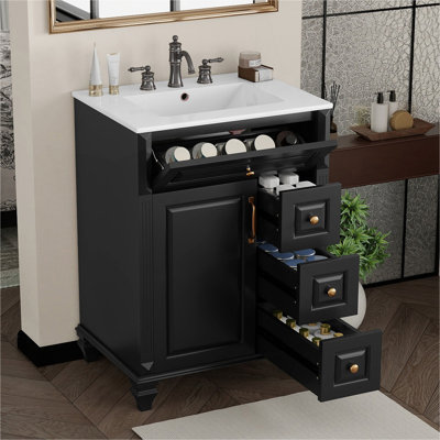 Meuble-lavabo de 24 po avec lavabo, meuble-lavabo autoportant noir avec tiroir rabattable, 3 tiroirs et armoire de rangement, bois massif et panneau de fibres à densité moyenne, comptoir de lavabo en céramique