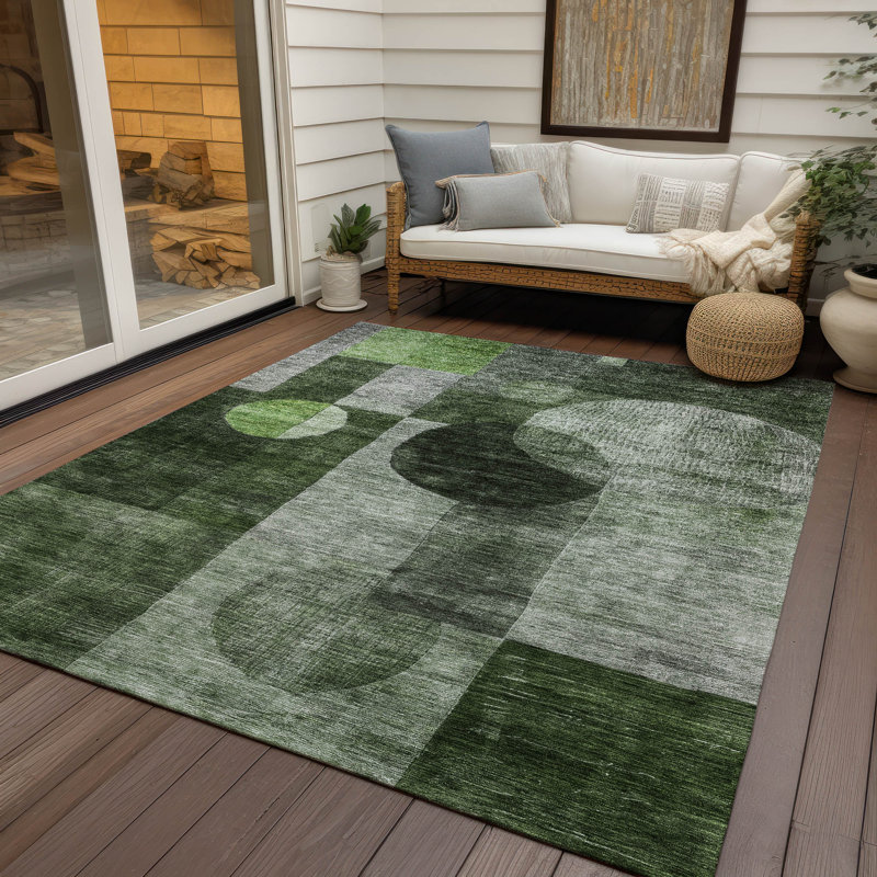 Machine Washable Green and Gray Geometric Fern Rug