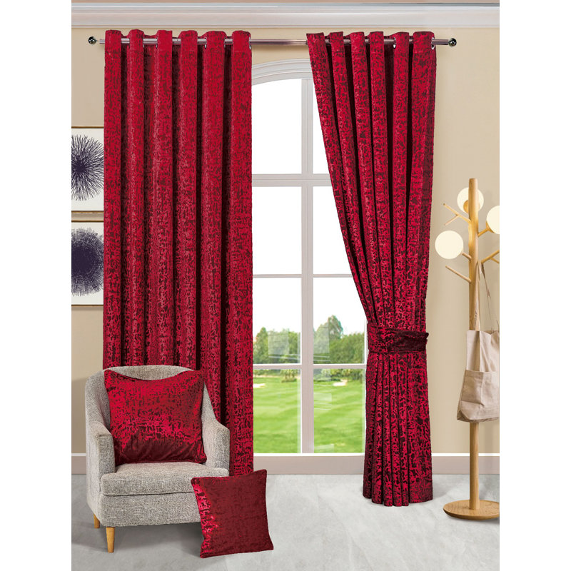 Rilya Velvet Semi Sheer Curtain Pair, 46cm Width x 54cm Drop, Red