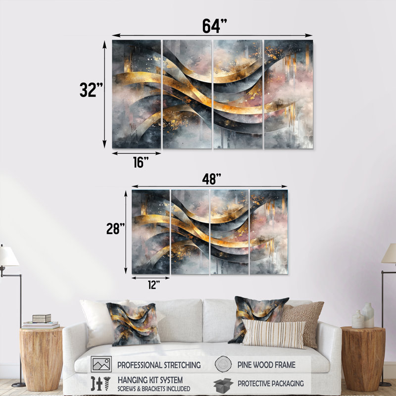 «Geometric Ink Pulse V» - Art mural abstrait en spirale - Art mural moderne sur toile, 4, H 28 po x l 48 po