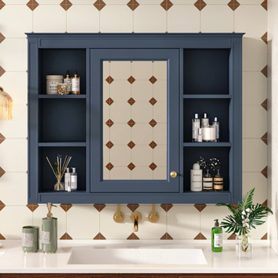 Armoire à pharmacie de 35 po x 27,5 po, armoire de salle de bain moderne avec miroir, armoire à miroir avec 6 tablettes ouvertes, armoire de rangement murale pour salle de bain (meuble-lavabo non inclus)
