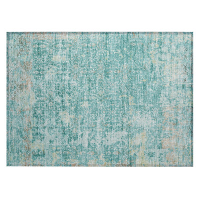 Machine Washable Indoor/Outdoor Xhevrie Teal Rug
