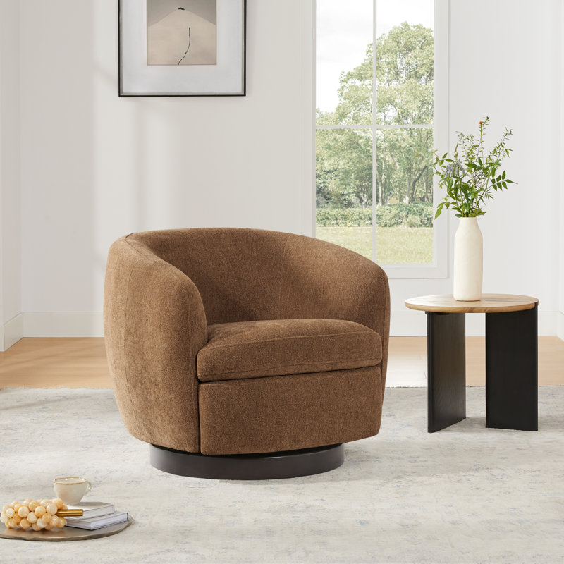 Fauteuil demi-tonneau pivotant rembourré Marcy, Chenille élite texturé chameau / noir