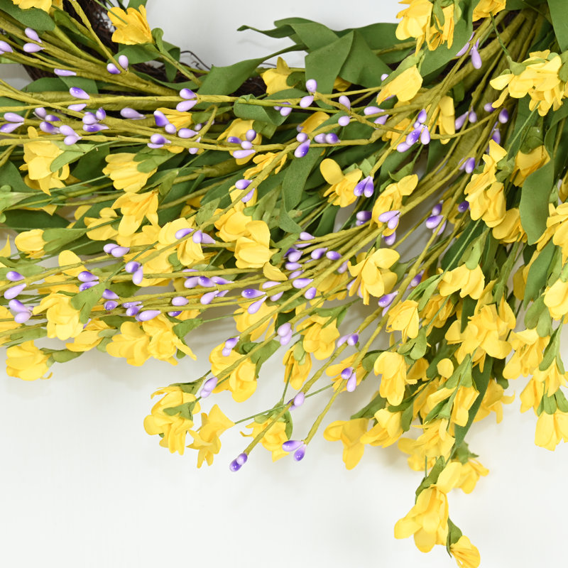 Couronne florale artificielle 24 po pour la porte d'entrée, Mauve / Vert / Jaune