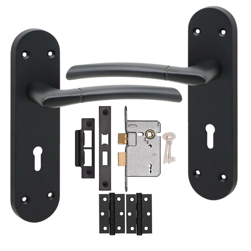 Golden Grace 1 Pair Victorian Indiana Design Long Rounded Backplate Door Handle Matt Black Metal 3 Lever Lock Set with Hinges - 182mm x 45mm
