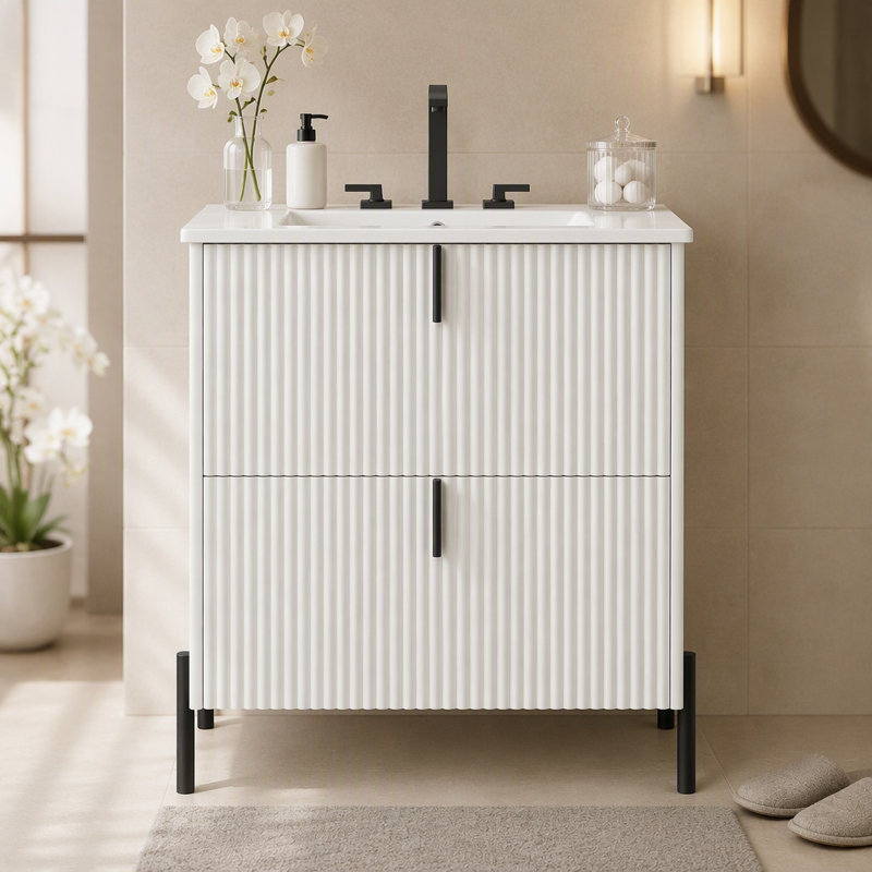 Meuble-lavabo autoportant de 30 po avec lavabo en céramique, avec poignées verticales et tiroirs pleine extension, meuble-lavabo autoportant avec glissières de tiroir à fermeture en douceur