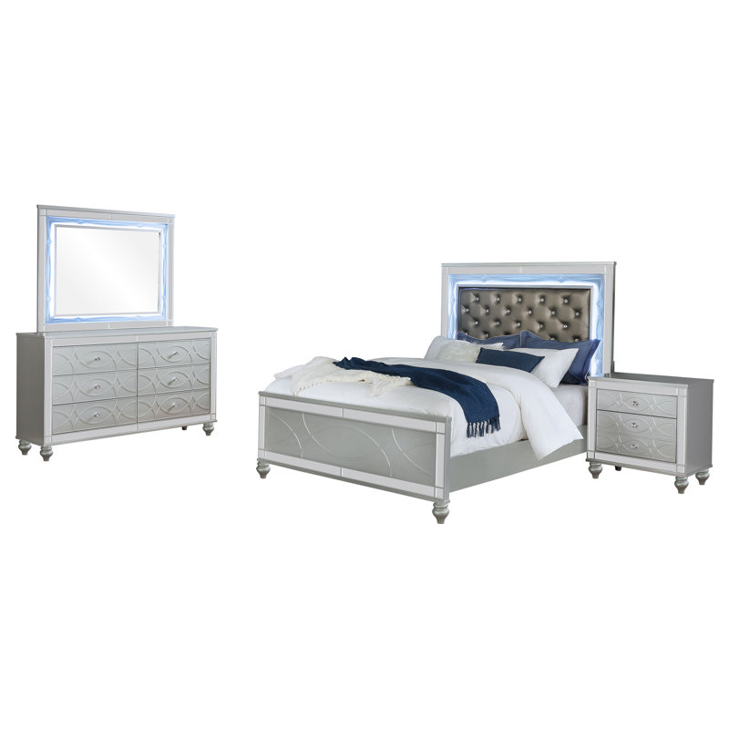 Ensemble de chambre avec grand lit 4 pièces Gina, similicuir gris argenté, lumières DEL, Queen