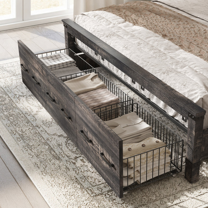  Structure de lit plateforme très grand en bois de ferme avec tête et pied de lit géométriques de 54 po de hauteur, chêne foncé
