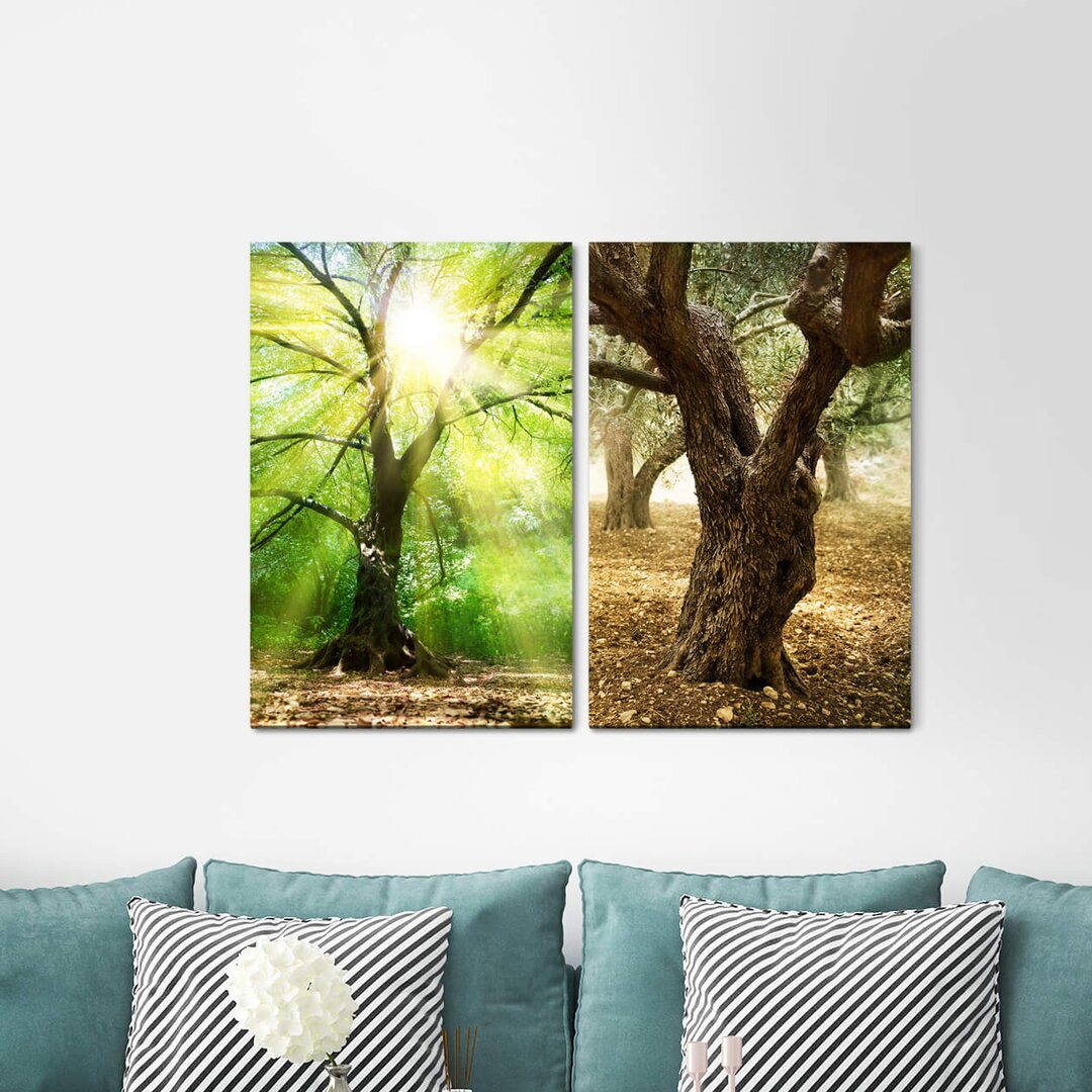 2-tlg. Leinwandbilder-Set - Grafikdruck „Tree Autumn Light Flooded Sun Warm Light Dreamlike Positive Energy”