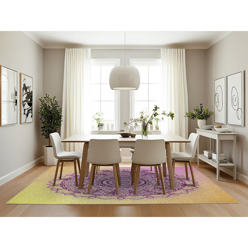 Tapis rose/jaune tissé à la machine, Rectangle 7 pi x 10 pi