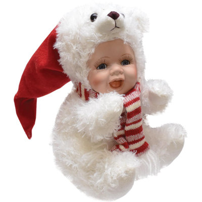 8.5" White and Red Baby in Polar Bear Costume with Santa Hat Collectible Christmas Doll