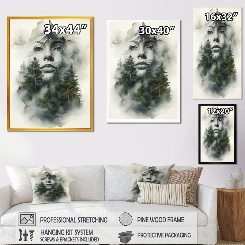 Double exposition «Woman and Mountain Echoes II» - art mural femme, Cadre doré simple, H 20 po x l 12 po x P 1 po